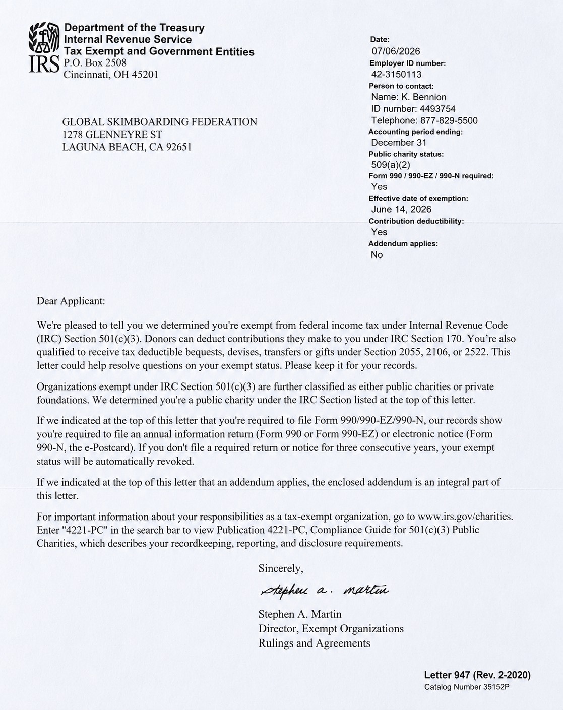 IRS 501(c)(3) determination letter for Global Skimboarding Federation, dated July 6, 2026
